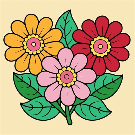 Un Dibujo De Flores Con Un Centro Amarillo Y Rosa Vector Premium