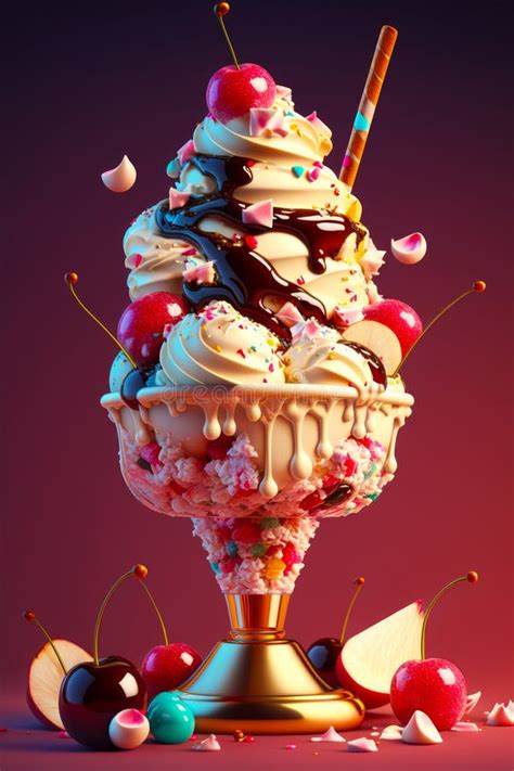 Ice Cream Sundae With Chocolate Cherries And Sprinkles Generative AI