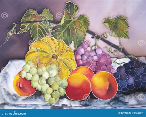 Painting Of Still Life With Fruits Pumpkin Peaches Grapes Stock