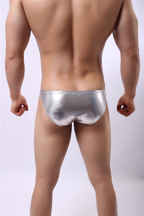 Men S Shiny Gold Silver Sexy Bikini Briefs Low Rise Leather Look Pouch Stage Show Underwear M L