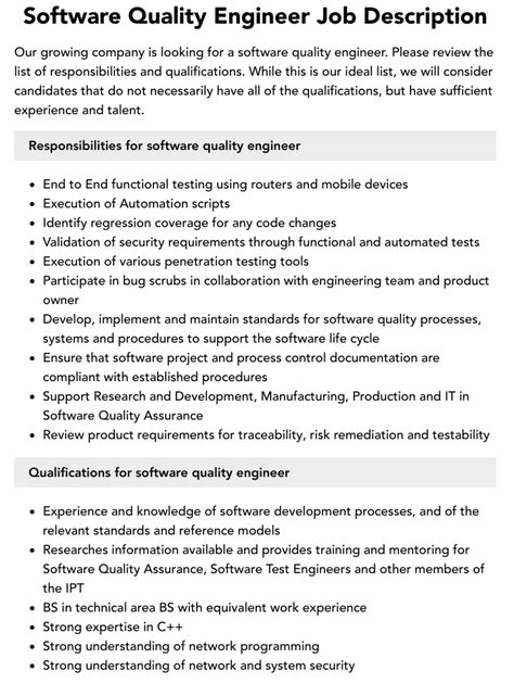 Software Quality Engineer Job Description Velvet Jobs