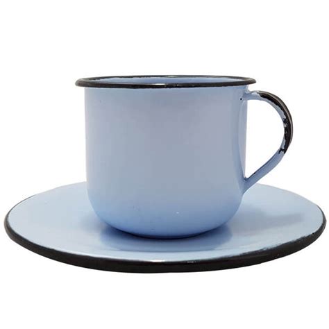 Caneca Esmaltada Xícara Pires Para Chá Café 180ml Azul Claro