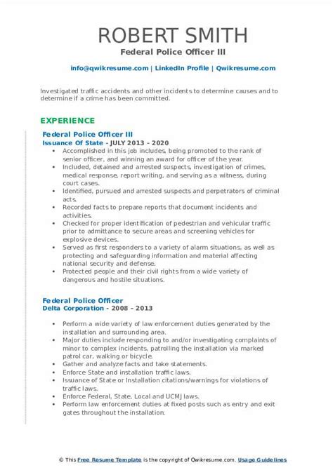 Federal Police Officer Resume Samples Qwikresume