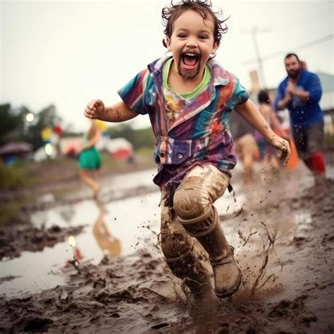 Premium Ai Image Joyful Child Running Through The Mud