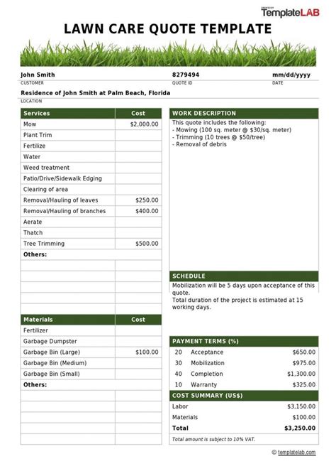 Lawn Care Business Proposal Template Estimate Template Quote