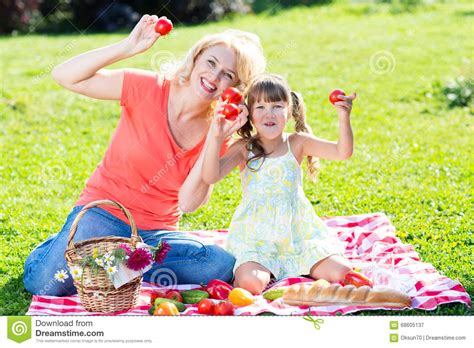 Familia Que Tiene Comida Campestre En Parque Del Verano Imagen De