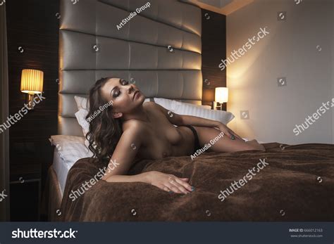 Sexy Beautiful Brunette Woman Lying Bed Stock Photo 666012163 Shutterstock