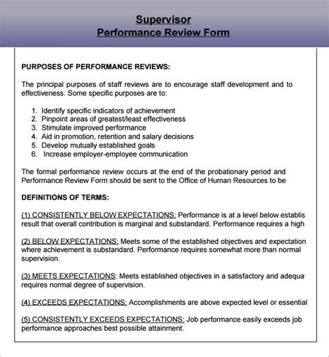 Sample Performance Evaluation Form For Supervisors