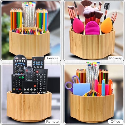 Bamboo Rotating Pencil Holder For Desk Pen Holder W Compartments