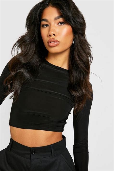 Womens Black Slinky Long Sleeve Crop Top Boohoo Uk