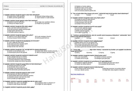 4 Sınıf Türkçe Cümle Bilgisi Testi 2 Cevaplı HangiSoru