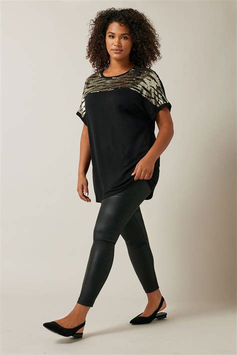 Evans Plus Size Black Gold Sequin Embellished T Shirt Evans