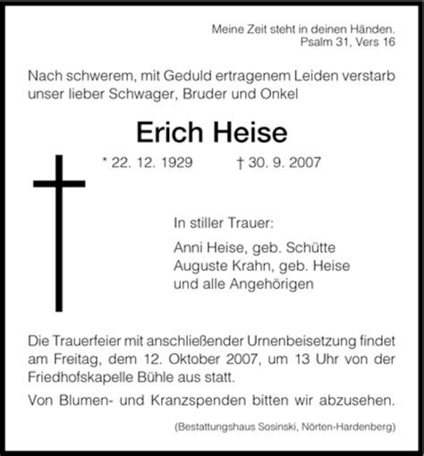 Traueranzeigen Von Erich Heise Trauer Hna De