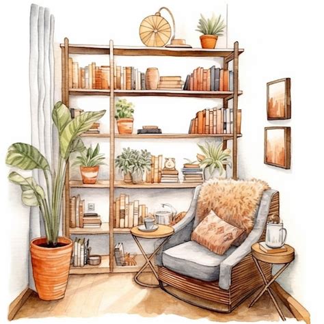 Premium Ai Image A Painting Of A Chair And A Book Shelf With Plants Generative Ai