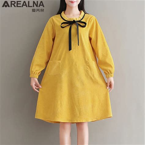 Vintage Corduroy Long Sleeve Yellow Women Dress Autumn Winter Casual