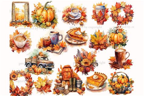 Watercolor Autumn Clipart Png Cozy Fall Illustration Set By