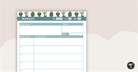 Cactus Printable Teacher Planner Day Planner Teach Starter