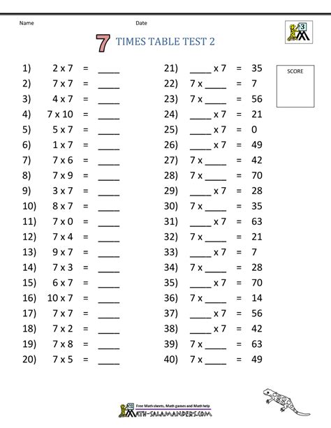 Free Times Table Worksheets 7 Times Table