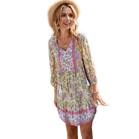 Lezmore Womens Boho Dress Summer Mini Floral 3 4 Long Sleeve V Neck