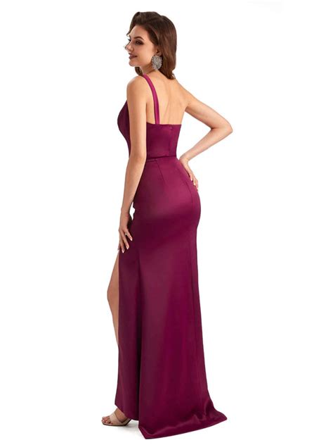 Sexy One Shoulder Side Slit Mermaid Silky Satin Chic Long Bridesmaid