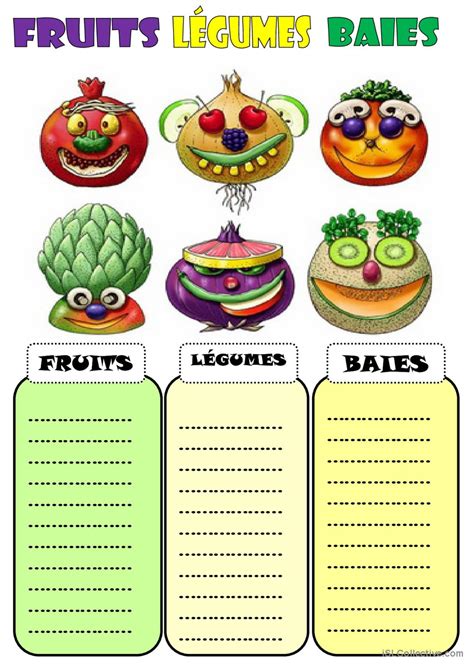 Fruits légumes et baies Français FLE fiches pedagogiques pdf doc