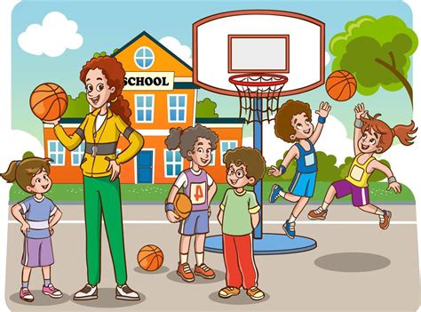 Students And Teacher In Sports Lesson Cartoon Vector Vector