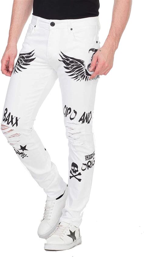 Cipo Baxx Jean Coupe Slim Pour Homme Avec Imprim Et T Te De Mort Blanc