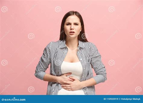 Stomach Ache Sick Asian Woman Suffering From Acute Abdominal Pain At