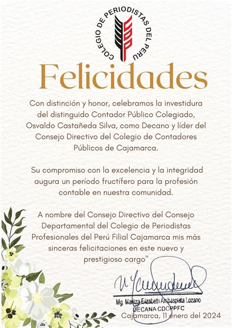 Felicitaci N Colegio De Periodistas De Cajamarca