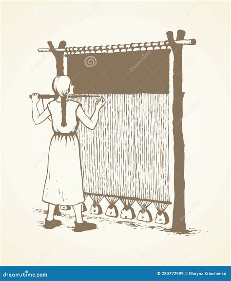 Vector Illustration Woman Weaves In Ancient Loom Stock Vector