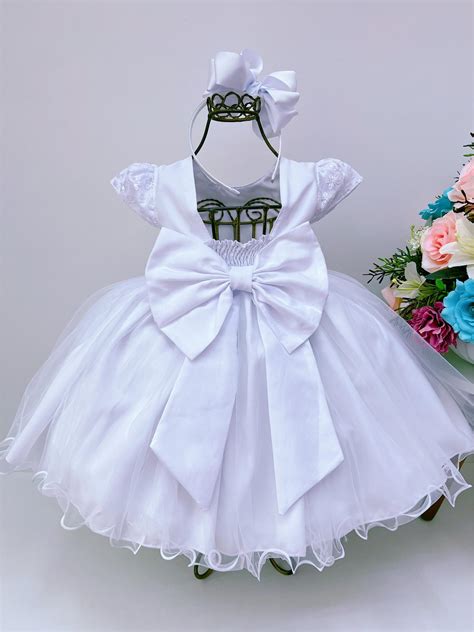 Vestido Infantil Branco Renda Busto Batizado Cinto P Rolas Rosa