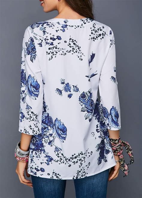 Flower Print Button Detail Three Quarter Sleeve Blouse