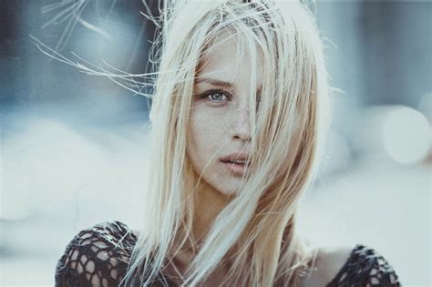 Blue Eyes Blonde Hair In Face Women Windy Open Mouth Looking At