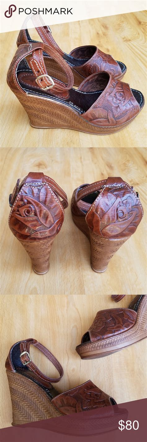 Tooled Mexican Leather Peep Toe Wedge Sandals Leather Peep Toe Wedges Peep Toe Wedge Sandals