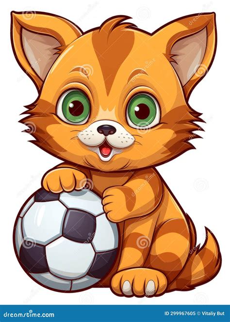 Cartoon Sticker Cute Kitten Football Player With A Soccer Ball Ai