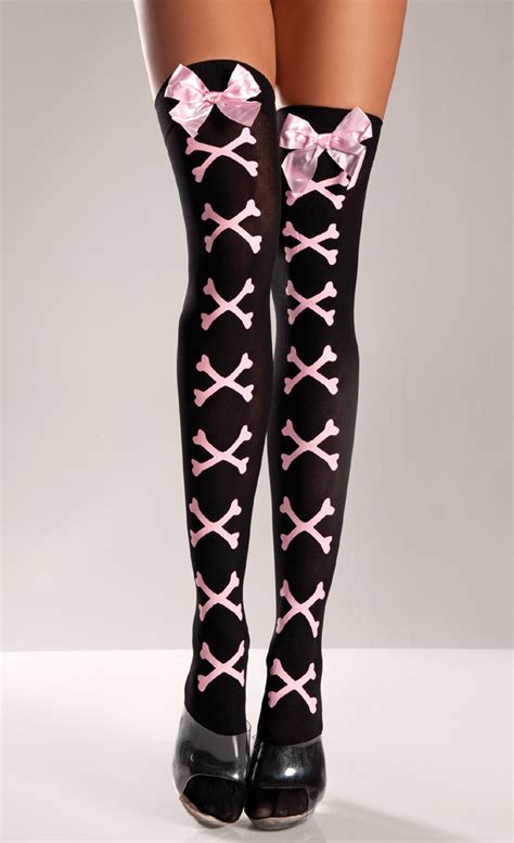 Black With Pink Crossbones Thigh High