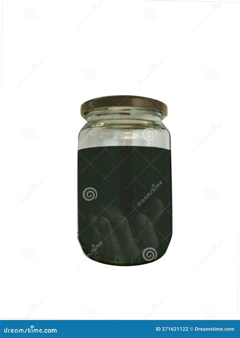 Severed Human Palm Glass Jar With Dark Green Fluid Side View Isolted