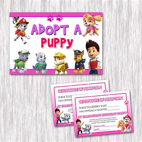 Paw Patrol Adopt A Puppy Sign And 12 Certificates Shipped Etsy