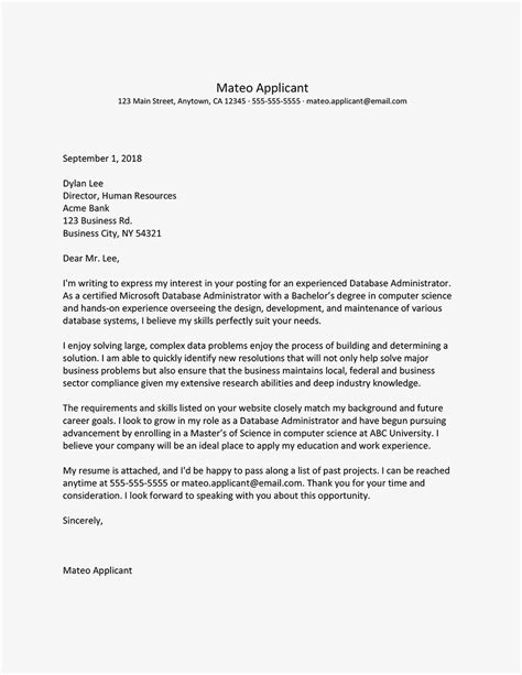 Database Administrator Cover Letter Example