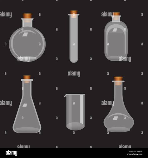 Set Of Different Transparent Flasks With Tube On Black Background Stock