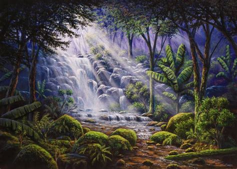 Forest Waterfall - Acrylic on Canvas Painting by Ashwin Kumar | Saatchi Art