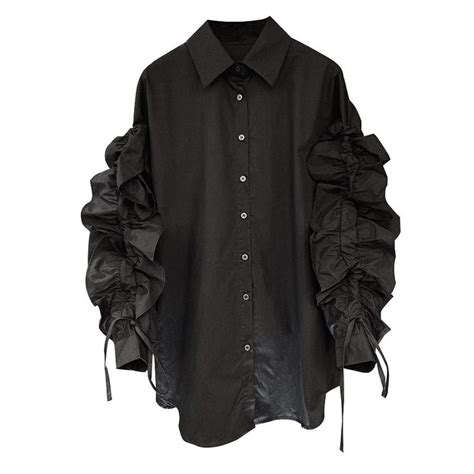 Eam Women Black Drawstring Ruffles Blouse New Lapel Long Puff Sleeve