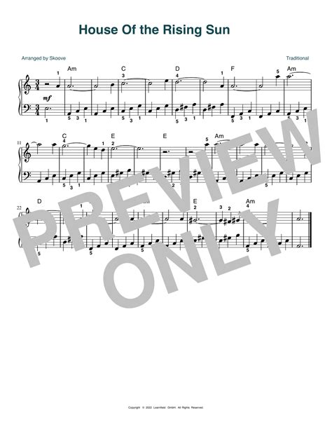 Traditional House Of The Rising Sun Sheet Music For Easy Piano