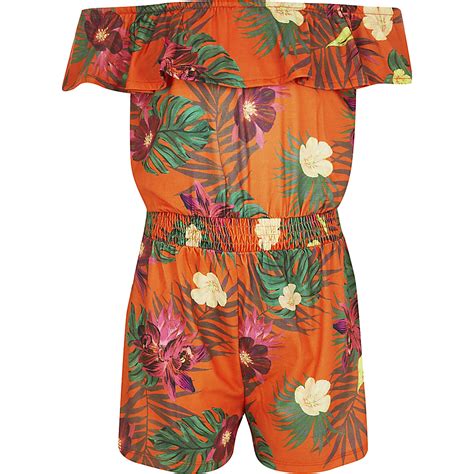 Girls Orange Tropical Print Playsuit River Island