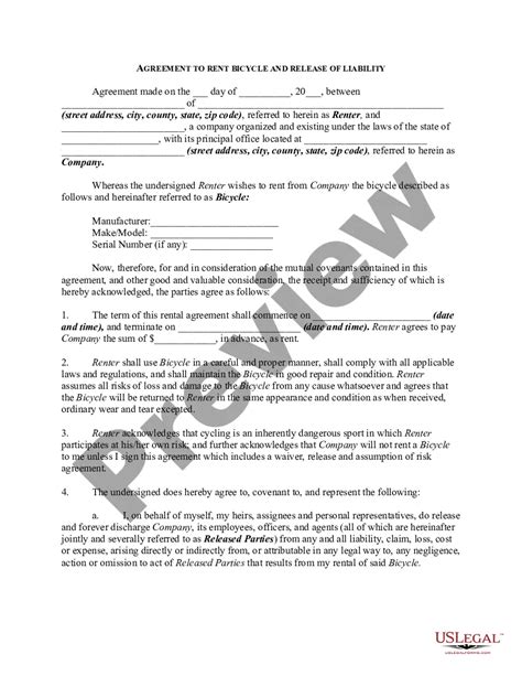 Agreement To Rent Bicycle And Release Of Liability Bicycle Rental