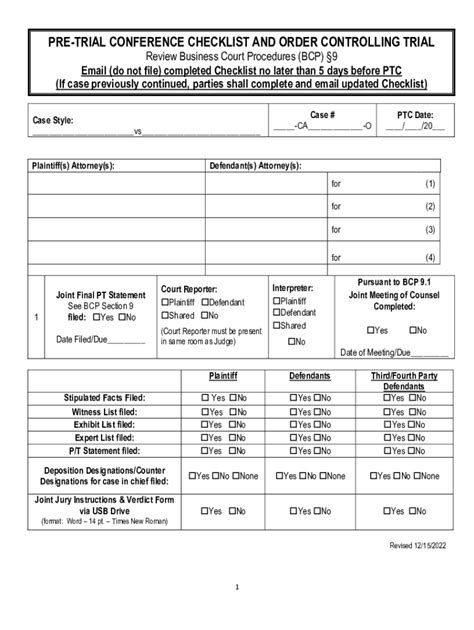 Fillable Online Pre Trial Checklist Order Controlling Trial Ninth Judicial Circuit Fax Email