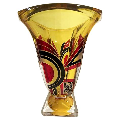 Art Deco Glass And Enamel Etched Geometric Vase At 1stdibs