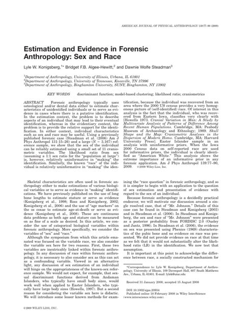 Konigsberg Et Al 2009 Estimation And Evidence In Forensic Anthropology Sex And Race Pdf