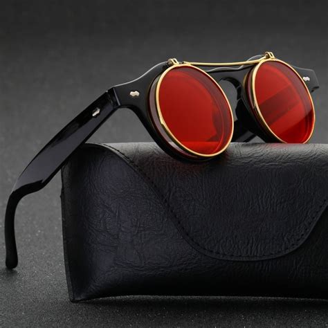 Metal Flip Cover Sunglasses Men Women Brand Designer Retro Round Steampunk