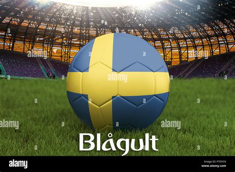 Blue Yellow On Swedish Language On Football Team Ball On Big Stadium